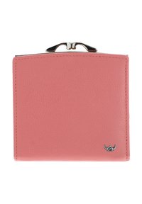 Cartera de piel rosa con una textura suave y cierre de clasp de metal. Presenta costuras sutiles y un pequeño acento de logo en la parte frontal.