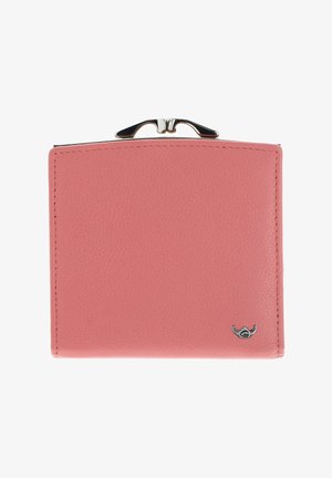 Cartera de piel rosa con una textura suave y cierre de clasp de metal. Presenta costuras sutiles y un pequeño acento de logo en la parte frontal.