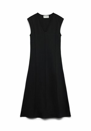 Melnas bez piedurknēm kleitas ar V veida kakla izgriezumu, izgatavota no gludas auduma. Tam ir izpletne svārku ar vertikālām šuvēm, kas nodrošina smalku struktūru.