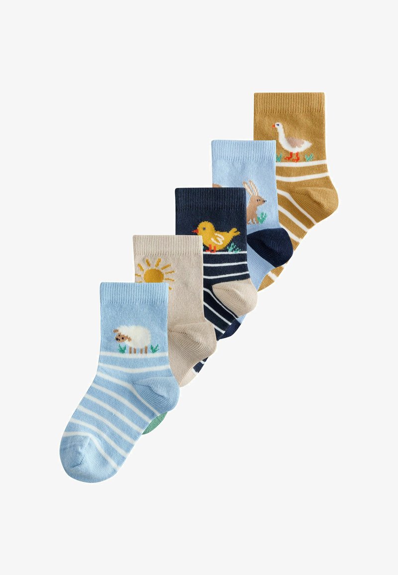 Cinq paires de chaussettes pour enfants avec des motifs d'animaux et de soleil, en bleu, beige, marine, bleu clair et marron avec des rayures.