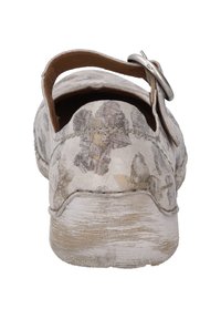 Blumenmuster Clogs in Beige und Grau, mit einem stabilen Riemen hinten, strukturierten Oberflächen und einer leicht erhöhten, abgerundeten Zehenpartie.