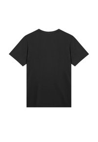 Plain black short-sleeve crew neck T-shirt shown from the back on a white background.