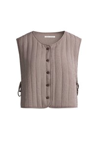 Veste courte sans manches avec petit motif à carreaux marron et blanc, encolure ronde, boutons sur le devant et détails à nouer sur les côtés.