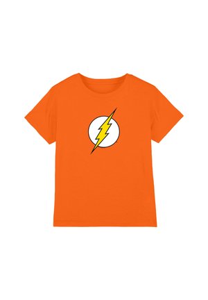 Bright orange short-sleeve t-shirt with a white circle and a yellow lightning bolt graphic centered on the front.