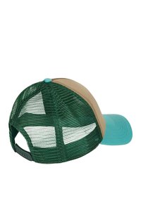 Groene mesh-back pet met een tan voorkant. Heeft een turquoise klep en knop. Mesh-textuur zorgt voor ademend vermogen; verstelbare sluiting aan de achterkant.