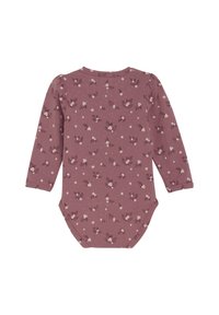 Långärmad bodysuit i dammros som har ett heltäckande tryck av små rävar och löv, tillverkad av mjuk bomullstyg med tryckknappar.