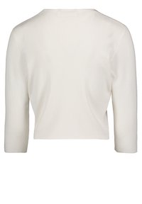 Lightweight, cream-colored, ribbed knit top with a rounded neckline and three-quarter sleeves, featuring a straight hem at the waist.