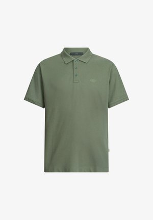 Polo verde oliva a maniche corte con tre bottoni, colletto strutturato e logo ricamato discreto sul petto sinistro.