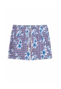 Costume da bagno corto con un motivo floreale blu e bianco, su uno sfondo geometrico rosa. Vita elastica con cordino.