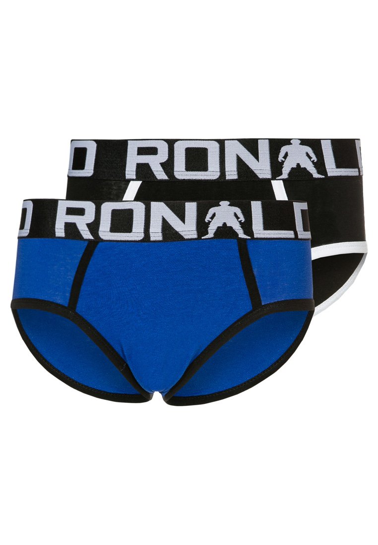 To sæt herreunderbukser: et blå med sort kant og et sort med hvid kant. Begge har elastiske taljer med "RONALD" trykt.