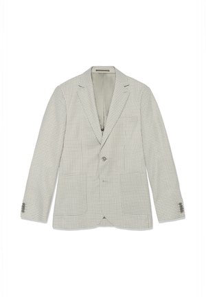 Heledat beež ja valge ruuduline meeste bleiser notsitud krae, kahe eesotsa tasku, üksiknupuga sulgur, ning neli nuppu igal varrukaserval.