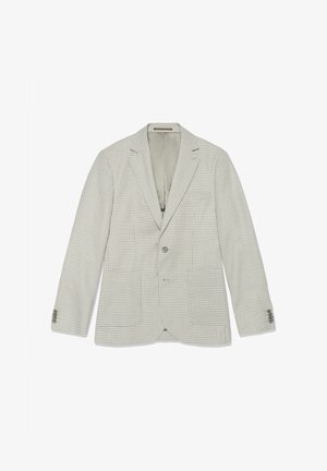 Lyse beige og hvide ternet herreblazer med hakkede revers, to frontlommer med påsyede klapper, enkeltknapslukning og fire knapper på hver ærmekant.