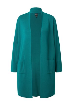 Cardigan teal avec une ouverture à l'avant, des manches longues et deux poches avant ; fabriqu�é dans un tissu doux et lisse avec une coupe décontractée.