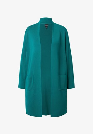 Teal cardigan met een open voorkant, lange mouwen en twee voorzakken; gemaakt van een zachte, gladde stof met een ontspannen pasvorm.