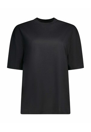 Zwarte T-shirt met korte mouwen, ronde hals, losse pasvorm en eenvoudig ontwerp, weergegeven op een witte achtergrond.