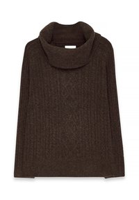 Maglione marrone oversize con una texture a coste, collo a scialle ampio e maniche lunghe. Sottile motivo a diamante lungo la parte anteriore.
