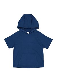Granatowa bluza z krótkim rękawem, wykonana z miękkiego materiału, z kieszenią typu kangur i dużym, okrągłym kapturem. Gładka faktura i prosty design.