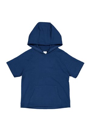 Marineblauwe short-sleeve hoodie van zachte stof, met een kangoeroe zak en een grote, ronde capuchon. Gladde textuur en eenvoudig ontwerp.