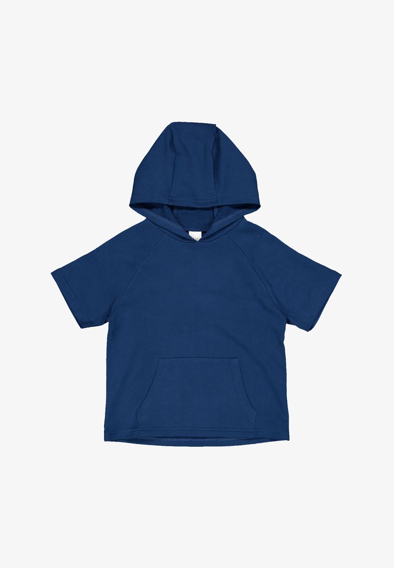Granatowa bluza z krótkim rękawem, wykonana z miękkiego materiału, z kieszenią typu kangur i dużym, okrągłym kapturem. Gładka faktura i prosty design.