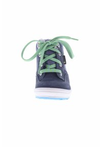 Navy suede high-top shoe with a padded collar, green and blue striped laces, white sole, and blue rubber outsole.