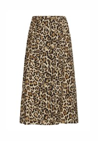 Leopard print midi skirt made of a soft, lightweight fabric, featuring an elastic waistband and a flowing silhouette.