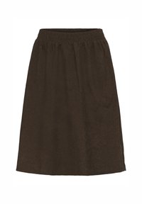 Brown, knee-length skirt made of soft fabric with an elastic waistband and gathered design for comfort. No visible patterns or accents.