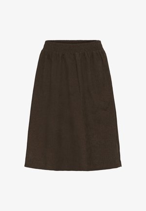 Brąskowa, spódnica do kolan wykonana z miękkiego materiału, z elastycznym pasem i marszczonym fasonem dla wygody. Brak widocznych wzorów lub akcentów.