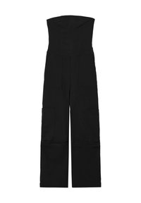 Schwarzer trägerloser Jumpsuit mit taillierter Passform und weitem Bein. Verfügt über mehrere große Taschen auf beiden Seiten und einem glatten, strapazierfähigen Stoff.