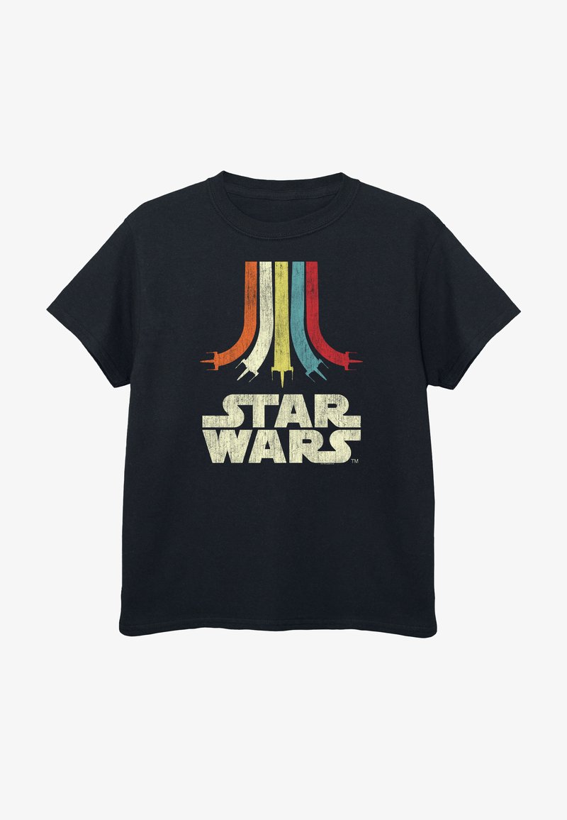 Black cotton T-shirt featuring a graphic of colored stripes in red, orange, yellow, blue, and green above the text "STAR WARS" in distressed white.