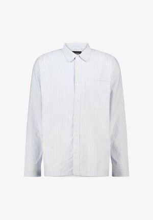 Langärmliges Button-Up-Hemd in hellblau mit weißen vertikalen Streifen. Verfügt über eine Brusttasche und einen klassischen Kragen. Aus Baumwollstoff.