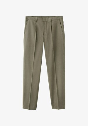 Łososiowe zielone spodnie z kieszeniami po bokach, szlufkami na pasek i przednim kantem na każdej nogawce.