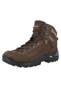 Bota de senderismo marrón con un diseño de tobillo alto, parte superior de cuero y textil, puntera reforzada y sistema de cordones con ojales metálicos.