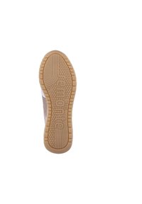 Semelle de chaussure avec surface en caoutchouc texturé, dotée d'un motif de semelle prononcé et d'un logo "remonte" en relief, de couleur beige.