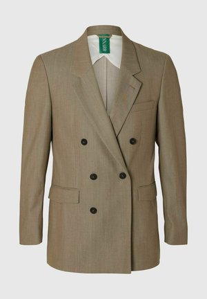 Blazer doppiopetto in tessuto marrone chiaro. Presenta rever a punta, due tasche frontali e bottoni neri sul davanti.