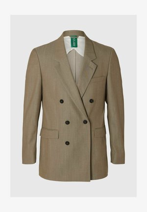 Double-breasted blazer van lichtbruin stof. Voorzien van pieklapels, twee voorzakken en zwarte knopen aan de voorkant.