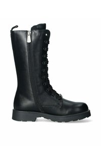 Stivali neri in pelle al ginocchio con chiusura frontale a lacci, cerniera laterale, suola robusta e finitura testurizzata dall'aspetto liscio.