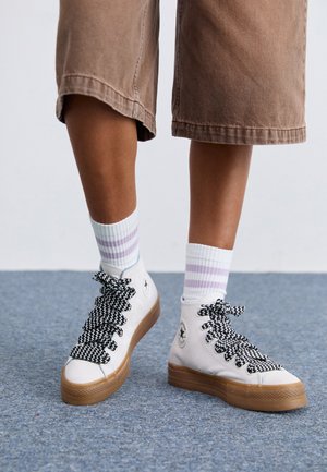 Scarpe da ginnastica alte bianche con lacci a motivo bianco e nero, suole in gomma, indossate con calzini a righe chiare e pantaloni corti marroni.