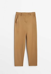 Bruna, medelhöga byxor med skräddarsydd passform och sidofickor, visade mot en enfärgad vit bakgrund.