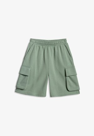Garçon portant un t-shirt de volley-ball bleu clair, un short cargo vert, des chaussettes blanches, des baskets, tenant un sweat-shirt gris devant un fond gris uni.