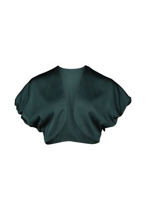 Mørk teal satin cropped top med brede, bløde ærmer og åben front. Glat tekstur, flydende design og ingen synlige lukninger.