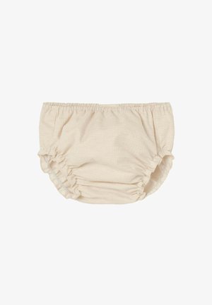 Couverture de couche couleur beige clair en tissu texturé, dotée d'une taille élastique et de côtés froncés pour un ajustement confortable.