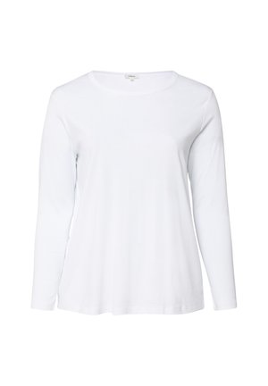 Effen wit shirt met lange mouwen en ronde hals, in een losse pasvorm en gemaakt van een gladde stof, weergegeven op een witte achtergrond.