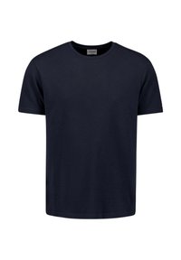 Donkerblauw T-shirt met korte mouwen en een ronde hals, met textuur in horizontale strepen en een klein logo op de mouw.