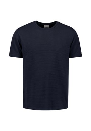 Donkerblauw T-shirt met korte mouwen en een ronde hals, met textuur in horizontale strepen en een klein logo op de mouw.