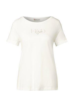 Witte T-shirt met korte mouwen en een ronde hals. Heeft de tekst "FIND You" in subtiele lichte tinten op de voorkant. Van zachte katoenen stof.