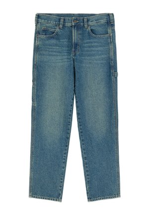 Jean en denim bleu à jambes droites avec cinq poches, passants pour ceinture, fermeture par bouton et une poche latérale pour outils sur la jambe droite.