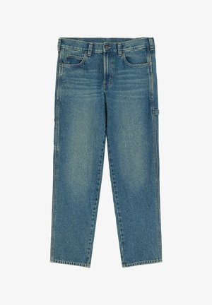 Jean en denim bleu à jambes droites avec cinq poches, passants pour ceinture, fermeture par bouton et une poche latérale pour outils sur la jambe droite.