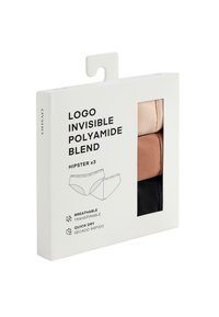 Lot de sous-vêtements hipster en trois couleurs : beige clair, beige foncé et noir. Fabriqués à partir d'un mélange de polyamide respirant. Livrés avec une boîte en carton.