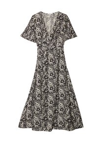 Robe florale avec un décolleté en V profond, des manches courtes et une coupe fluide. Couleurs noir et crème avec un motif floral détaillé.