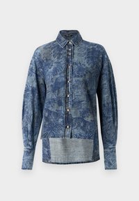 Blåmønstret denimskjorte med lange ermer, knapp-opp front og en litt lengre bakkant. Marmoreret stoff med blomsterdesign.